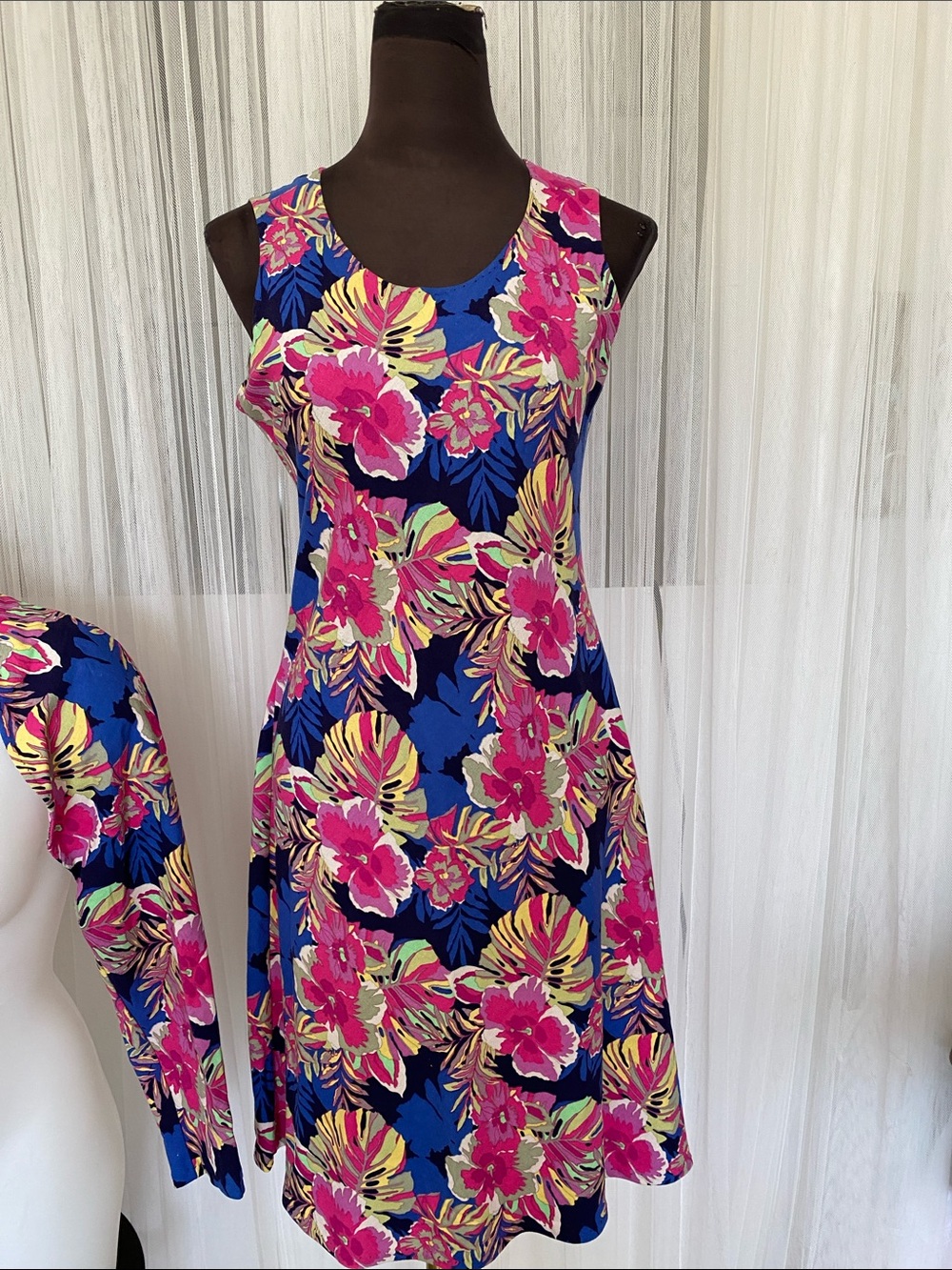 Handmade Tropical Floral A-Line Cotton Dress with Matching Bolero - Blue & Pink - Picture 3 of 8
